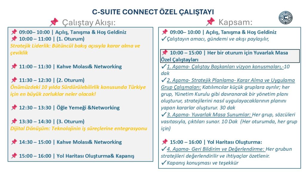 C-Suite Connect Çalıştayı gün akışı — açılış, tanışma, özel çalıştaylar, stratejik planlama, yuvarlak masa sunumları ve yol haritası oturumu